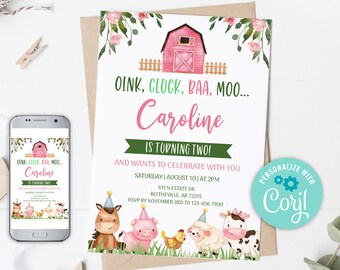 Editable Farm Birthday Invitation. Pink Farm Animals Birthday Invite, Girl Barnyard Birthday, Girl Farm Invitations 0106