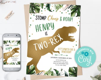 Editable Two-Rex Dinosaur 2nd Birthday Invitation (Digital Download)