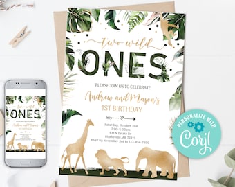 May include: A green and gold jungle-themed first birthday invitation with the text "two wild ones" and the names "Andrew and Mason's 1st Birthday". The invitation features a giraffe, lion, and elephant.
