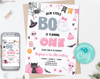 Editable Our Little Boo Birthday Party Invitation Halloween 1st Birthday Invitation Halloween Little Boo Party Pink Cute Ghost Party 0154