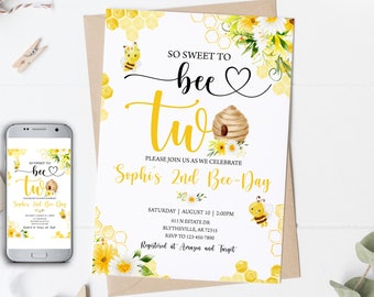 Bumble Bee 2nd Birthday Invitation, Editable Template
