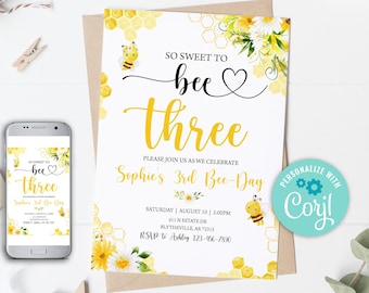 Bumble Bee 3rd Birthday Invitation, Editable Bee Party (Digital)