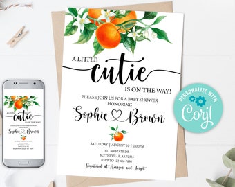 En liten sötnos är på väg inbjudan till babyshower Redigerbar orange babyshowerinbjudan Orange könsneutral babyshowerinbjudan 0147