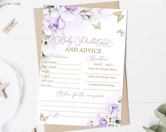 Kaart met voorspellingen en adviezen voor een babyshower met paarse vlinders (bewerkbare sjabloon)