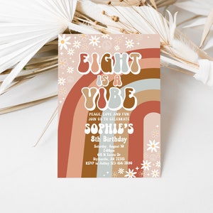 Editable Eight Is A Vibe Groovy Birthday Invitation Daisy Hippie 70&#39;s Retro 8th Birthday Invitation Groovy Rainbow Party Invitation 0170
