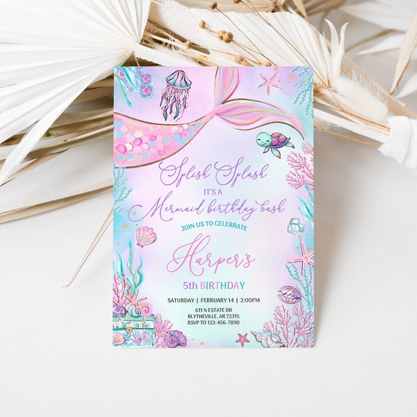 Editable Mermaid Birthday Invitation Mermaid Under The Sea Birthday Party Pink Mermaid Tail Invitation Whimsical Mermaid Birthday Party 0198