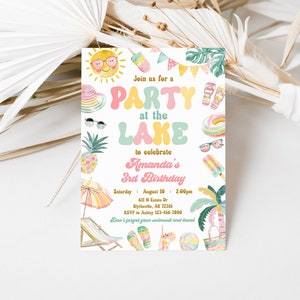 May include: A colorful invitation for a lake party to celebrate Amanda's 3rd birthday. The invitation features a sun, palm trees, sunglasses, a beach umbrella, a beach chair, and flip flops. The text reads "Join us for a party at the lake to celebrate Amanda's 3rd birthday. Saturday August 10, 2:00pm, 611 N Estate Dr, Blytheville, AR 72315. RSVP to Ashley 123-456-7890. Don't forget your swimsuit and towel."