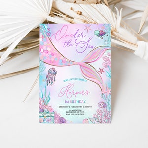 Editable Mermaid ONEder The Sea 1st Birthday Invitation Mermaid Birthday Party Little Mermaid Invitation Pink Mermaid Tail Invitation 0198