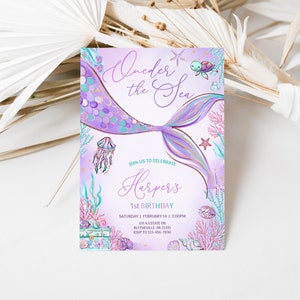 Editable Mermaid ONEder The Sea 1st Birthday Invitation Mermaid Birthday Party Little Mermaid Invitation Whimsical Mermaid Birthday 0202