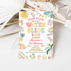 May include: A colorful invitation for a water slide bash to celebrate Amanda's 3rd birthday. The invitation features a sun, a popsicle, a pineapple, a beach umbrella, a beach chair, flip flops, a beach ball, a life preserver, and a palm tree. The text on the invitation reads "Splish Splash Join us for a Water Slide Bash to celebrate Amanda's 3rd Birthday Saturday August 10 2:00pm 611 N Estate Dr Blytheville, AR 72315 RSVP to Ashley 123-456-7890 Don't forget your swimsuit and towel"