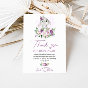 Cartão de agradecimento de coelho editável, nota de agradecimento de algum coelho, primavera, floral, coelho, aniversário, cartão de agradecimento, coelho roxo, cartão de agradecimento 0146
