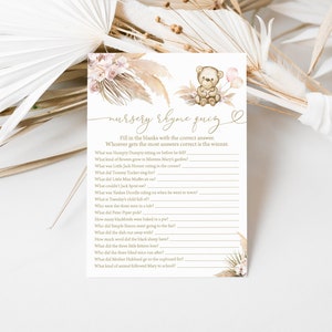 Pampas Grass Bear Nursery Rhyme Quiz Baby Shower Juego Boho Bear Baby Shower Juego Tropical Desert We Can Bearly Wait Baby Shower Juego 0195