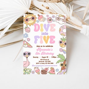 Editable Dive Into Five 5th Birthday Party Invitation Groovy Pool Party Birthday Invitation Splash Pad Water Slide Paddling Pool Party 0233
