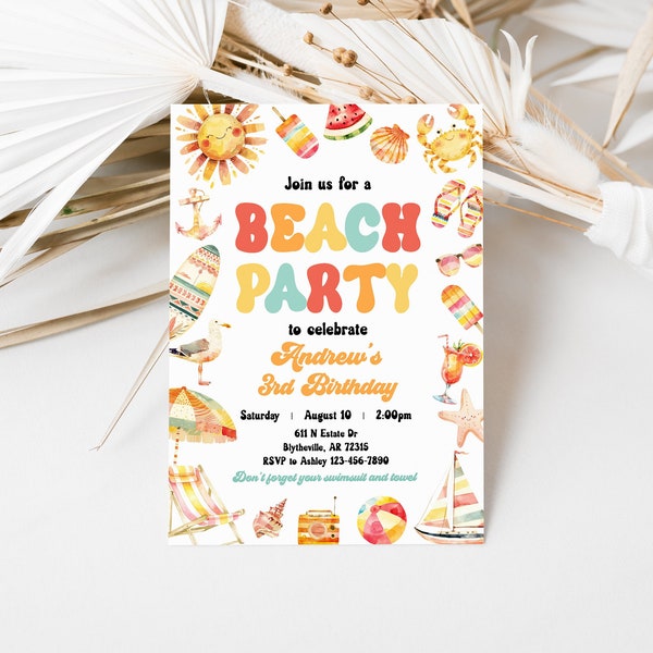 Editable Beach Birthday Party Invitation Summer Party Invitation Beach Party Invitation Waterslide Splish Splash Birthday Invitation 0229