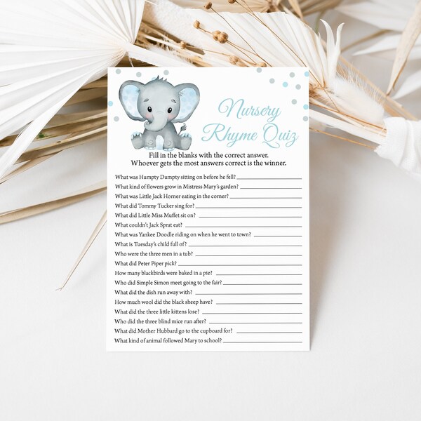 Blue Elephant Nursery Rhyme Quiz Baby Shower Game Boy Elephant Baby Shower Game Blue Dots Elephant Baby Shower Game 0166