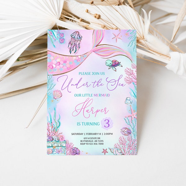 Editable Mermaid Birthday Invitation Mermaid Under The Sea Birthday Party Little Mermaid Invitation Whimsical Mermaid Birthday Party 0198