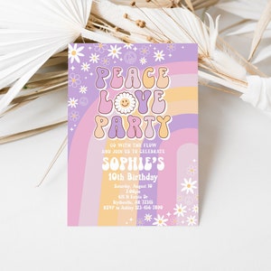 Editable ANY AGE Groovy Peace Love Party Birthday Invitation Daisy Hippie 70&#39;s Retro Birthday Invitation Groovy Rainbow Invitation 0170