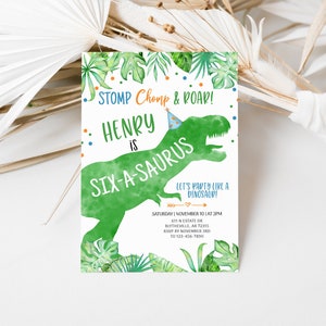 May include: Green dinosaur silhouette with a party hat on a white background with green leaves and colorful confetti. The text reads "STOMP Chomp & ROAR! HENRY is SIX-A-SAURUS LET'S PARTY LIKE A DINOSAUR! SATURDAY NOVEMBER 10 | AT 2PM 611 N ESTATE DR BLYTHEVILLE, AR 72315 RSVP BY NOVEMBER 3RD TO 123-456-7890"