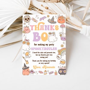 Bewerkbare griezelige Halloween-bedankkaart roze retro groovy regenboogspook bedankkaart Spooktaculaire hippie halloween-bedankkaart 0239