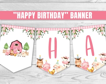 Happy Birthday Banner, Farm Animals Birthday Banner, Pink Farm Birthday Decoration, Farm Animal Garland, Pink Farm Birthday Banner 0106