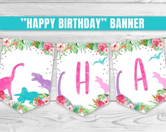 Happy Birthday Banner, Girl Dinosaur Birthday Banner, Prehistoric Party, Pink Dinosaur Decoration, Dino Party T-Rex Garland 0207