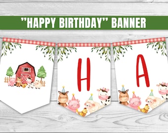 Happy Birthday Banner, Farm Animals Birthday Banner, Red Farm Birthday Decoration, Farm Animal Garland, Red Farm Birthday Banner 0106