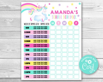 Emploi du temps licorne modifiable pour l'école à la maison, tableau des tâches quotidiennes (téléchargement numérique)