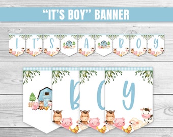 It's a Boy Banner, Farm Animals Baby Shower Banner, Blue Farm Baby Shower Decoration, Farm Animal Garland, Blue Farm Shower Banner 0227