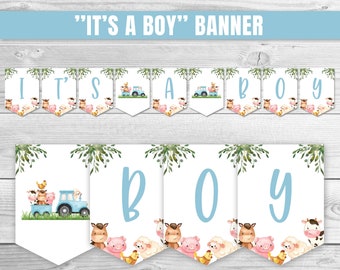 Es un niño banner animales de granja baby shower banner azul tractor baby shower decoración granja animal garland azul tractor ducha banner 0226