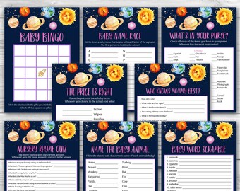 May include: A set of ten printable baby shower game cards with a space theme. The cards feature watercolour illustrations of planets and stars on a dark blue background. The games include Baby Bingo, Baby Name Race, What's in Your Purse?, The Price is Right, Who Knows Mommy Best?, Nursery Rhyme Quiz, Name the Baby Animal, and Baby Word Scramble.