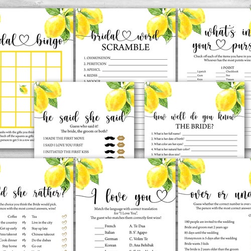 Lemon Bridal Shower Games Bundle Citrus Bridal Shower Game Etsy