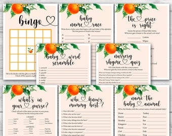 Orange Baby Shower Games Bundle, A Little Cutie Theme (Printable PDF)