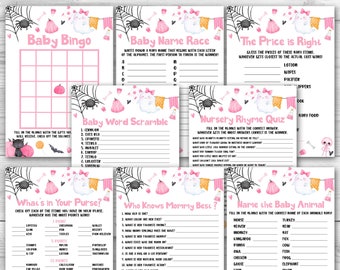 May include: A set of printable Halloween baby shower games featuring a pink and white color scheme with a ghost and pumpkin design. The games include Baby Bingo, Baby Name Race, The Price is Right, Baby Word Scramble, Nursery Rhyme Quiz, What's in Your Purse?, Who Knows Mommy Best?, and Name the Baby Animal.