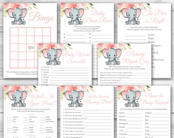 Girl Elephant Baby Shower Game Package, 8 Printable Pink Elephant Baby Shower Games Party Pack, Printable Baby Shower Games Bundle  0167