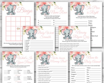 Forfait de jeu de douche de bébé éléphant fille, 8 Pack de fête de jeux de douche de bébé éléphant rose imprimable, lot de jeux de douche de bébé imprimable 0167