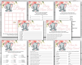 Girl Elephant Baby Shower Game Package, 8 Printable Pink Elephant Baby Shower Games Party Pack, Printable Baby Shower Games Bundle  0167