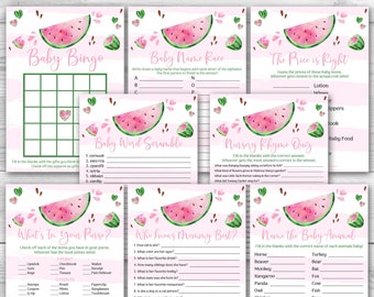 Roze watermeloen baby shower spelpakket 8 afdrukbare watermeloen baby shower games Party Pack Girl Watermelon baby shower games bundel 0118