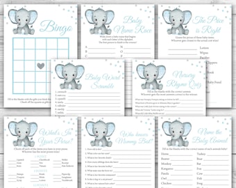 Lot de 8 jeux de baby shower d'éléphant bleus à imprimer, lot de 8 jeux de baby shower d'éléphant à imprimer 0166