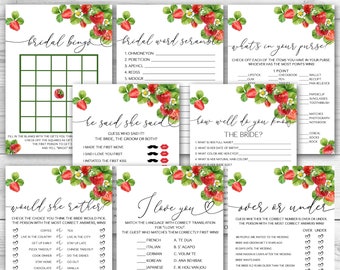 Strawberry Bridal Shower Game Bundle Watercolor Strawberry Bridal Shower Game Package 8 Printable Strawberry Bridal Shower Game Pack 0172