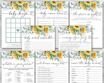 May include: A set of printable baby shower game cards featuring a sunflower and eucalyptus design. The games include baby bingo, baby name race, the price is right, baby word scramble, nursery rhyme quiz, what's in your purse, who knows mommy best, and name the baby animal.