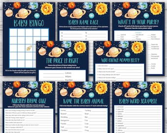 May include: A collection of baby shower game cards with a space theme. Games include Baby Bingo, Name Race, and Price is Right, with planets, stars, and a dark blue background.