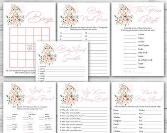 Pakiet gier na baby shower dla dziewczynek z króliczkiem 8 gier na baby shower dla dziewczynek do wydrukowania w kolorze różowym, pakiet gier na baby shower dla dziewczynek do wydrukowania, pakiet gier na baby shower dla dziewczynek z króliczkiem 0146