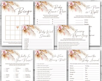 Ensemble de jeux pour baby shower sur le thème tropical : herbes de la pampa, style bohème (PDF imprimable)