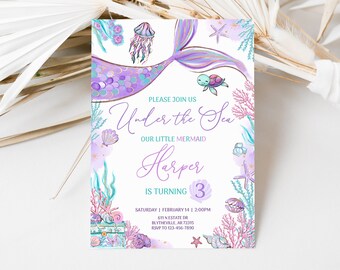 May include: Purple and teal mermaid birthday party invitation with a mermaid tail, a jellyfish, a turtle, and seashells. The text reads "Please join us Under the Sea Our Little Mermaid Harper is turning 3 Saturday | February 14 | 2:00PM Gin Estate Dr Blytheville, AR 72315 RSVP to 123-456-7890"
