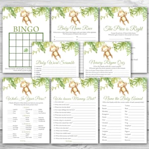 Monkey Baby Shower Game Package, 8 Printable Monkey Baby Shower Games Party Pack, Baby Monkey Printable Baby Shower Games Bundle 0163