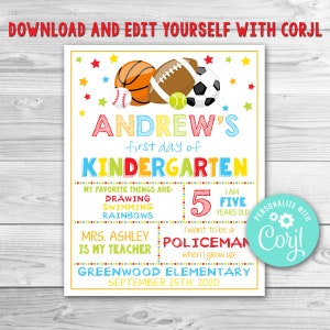 Editable First Day of Kindergarten Sign, Sport First Day of School Sign First Day Of Preschool Sign Instant Download Editable