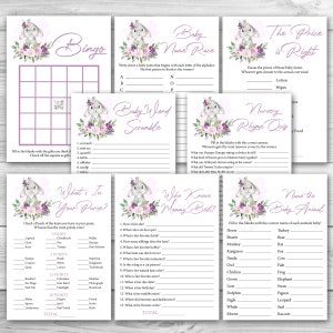 Girl Bunny Baby Shower Game Package 8 Printable Purple Bunny Baby Shower Games Party Pack Printable Bunny Baby Shower Games Bundle  0146