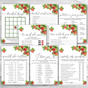 Strawberry Bridal Shower Game Bundle Watercolor Strawberry Bridal Shower Game Package 8 Printable Strawberry Bridal Shower Game Pack 0172