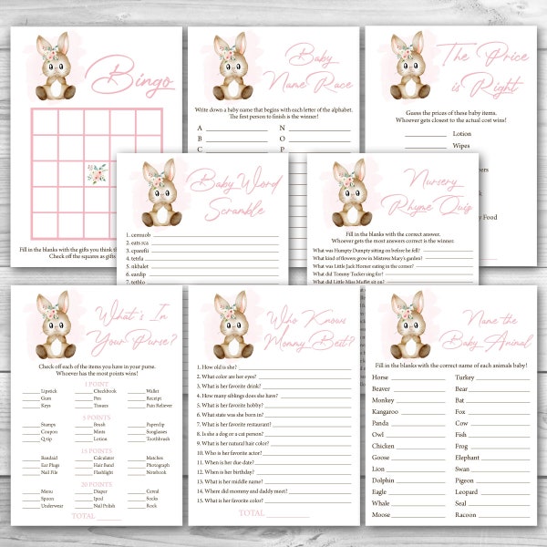 Girl Bunny Baby Shower Game Package 8 Printable Pink Bunny Baby Shower Games Party Pack Printable Bunny Baby Shower Games Bundle  0146