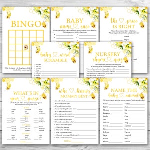 Bee Baby Shower Games Set Honey Bee Baby Shower Game Package Mom to Bee Baby Shower Bumble Bee Baby Shower Games Bundle  0148